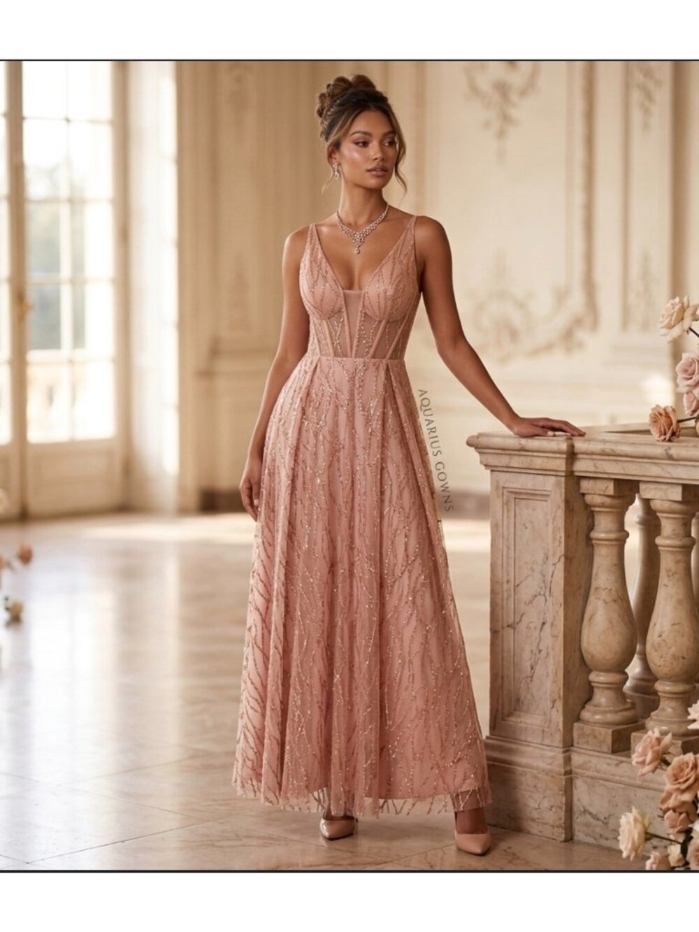 Sparkling Blush Pink Formal Gown With Sheer Bodice Deep V-Neckline size 8And Gli